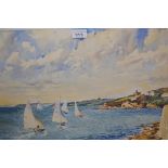 Bryant Cortis, watercolour, coastal scene with dinghies racing to the foreground, 14ins x 21ins,