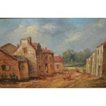 Oil on board, rural village scene with figures, signed Wilson, 9.5ins x 17.5ins, gilt framed,