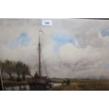 Robert Weir Allan watercolour, Dutch canal scene with moored boat, signed, gilt framed, 14ins x