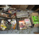 Four boxes containing a large collection of various railway buildings, magazines, engines and