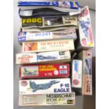 Box containing a eleven unmade model aircraft kits, including Frog, Airfix, Heller etc.