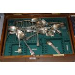 Oak cased canteen containing a quantity of silver plated Old English pattern cutlery