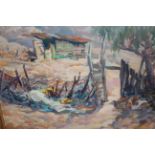 20th Century oil on board, an Australian? landscape, with gate before a small timber building,
