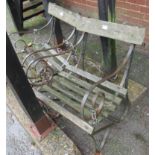 Pair of 19th Century wrought iron, wooden slatted garden elbow chairs