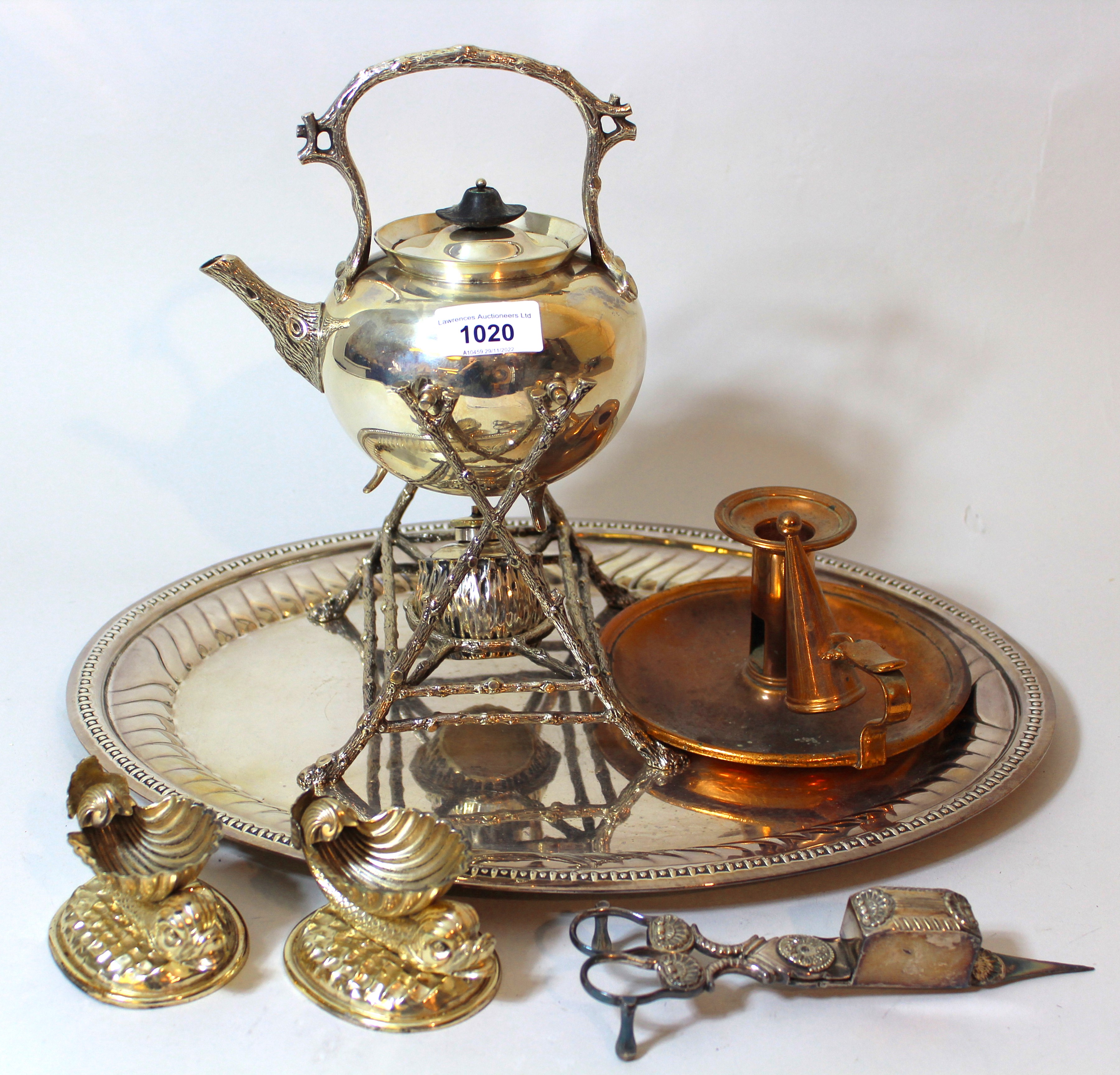 Silver plated spirit kettle on stand with burner, pair of plated salts, pair of candle snuffers,