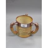 19th Century salt glazed mug with relief moulded animal decoration and three greyhound handles, 5ins