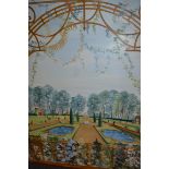 Late 20th Century painting on board, view of a formal garden through an iron gateway, signed