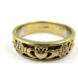 Gentleman's 9ct gold and diamond set Claddagh ring, 6.5g, size 'Y'