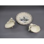 18th Century English blue and white decorated plate, a pair of later 19th Century shell form