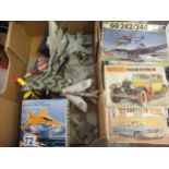 Three boxed model kits, including Italeri, Matchbox and Jo-Han and a box of diecast metal model jets