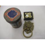 Marcella All Ranks cigar can, small metal box and a brass lion's head door knocker