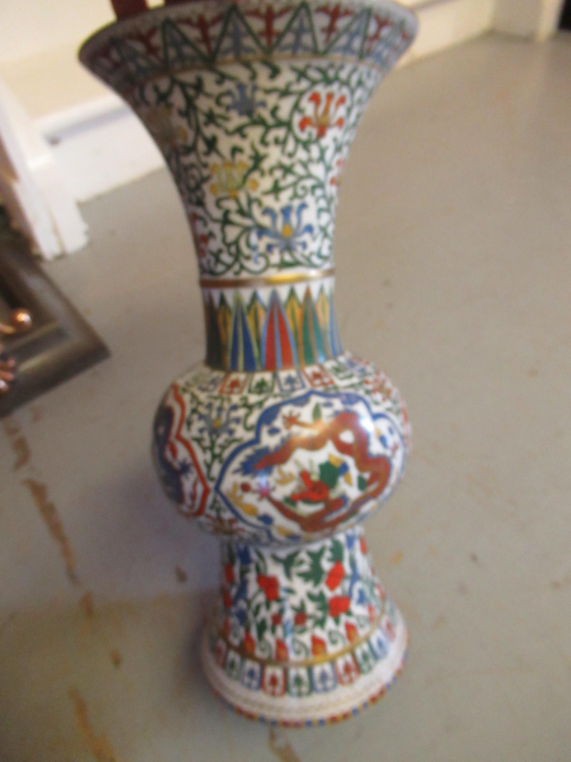Pair of large Chinese cloisonne baluster form flared rim vases, with dragon and floral decoration, - Bild 3 aus 5
