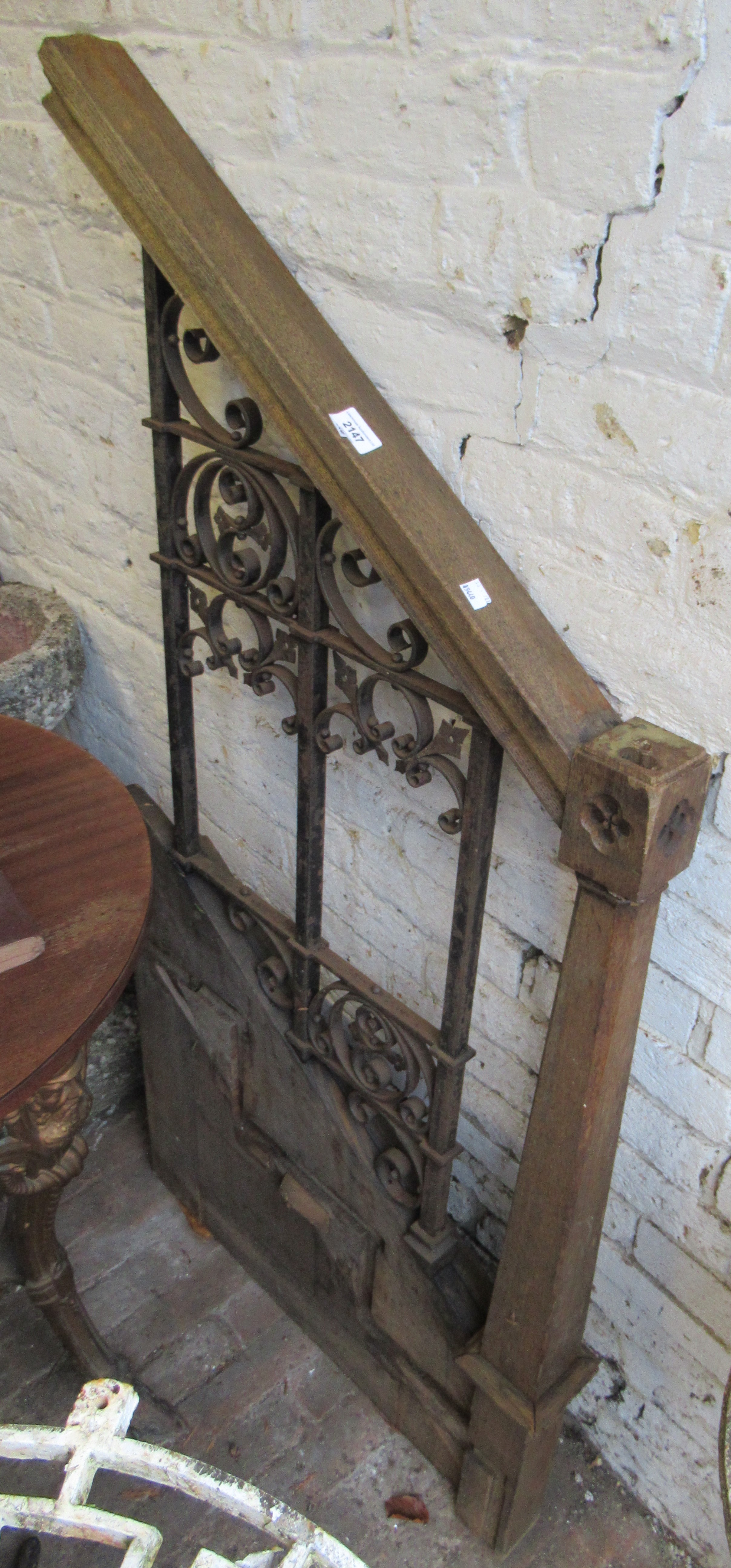 19th Century Gothic church pulpit banister rail with cast iron balustrades (lacking steps)