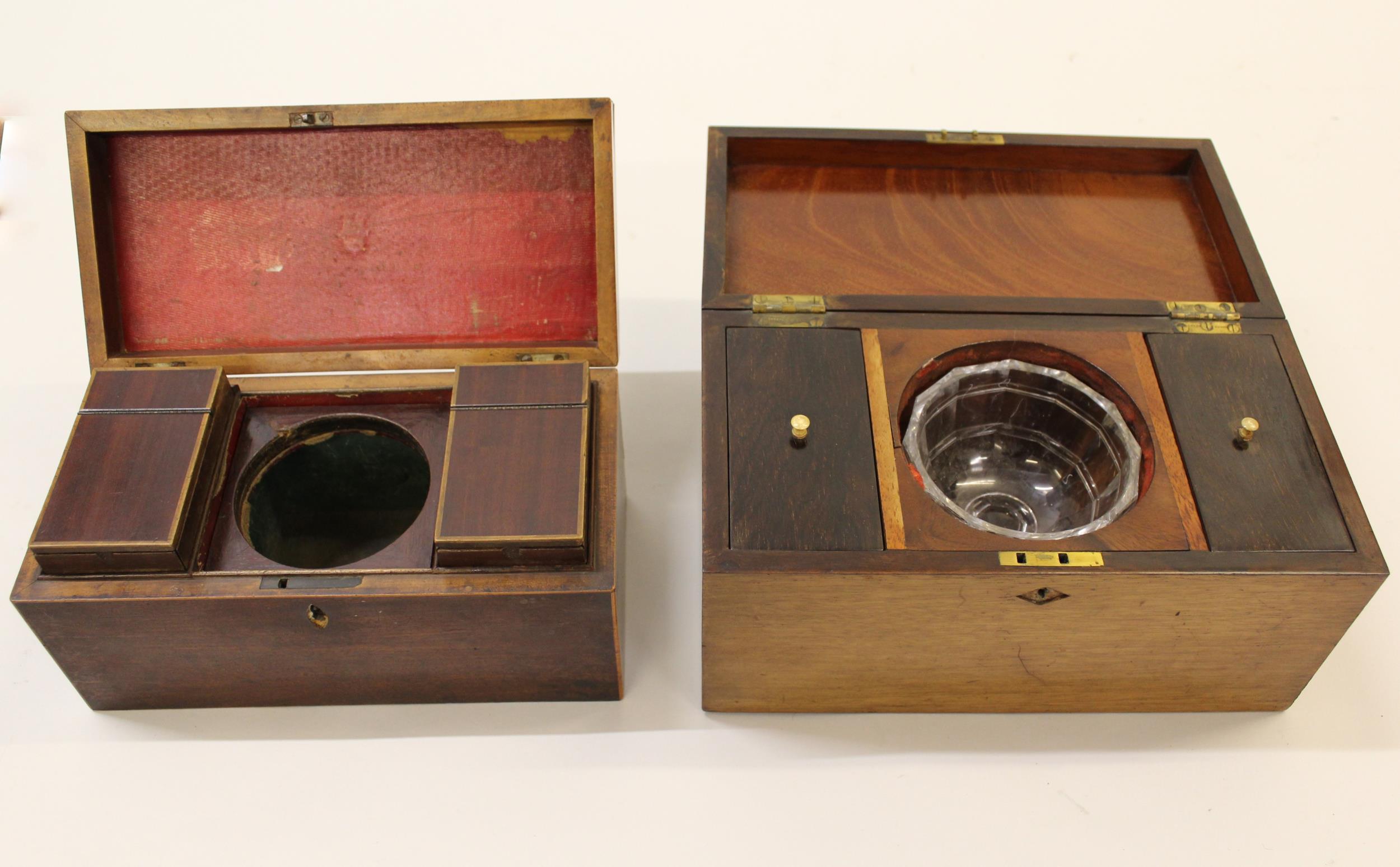 George III mahogany boxwood line inlaid, three division tea caddy, together with a similar 19th - Image 2 of 2