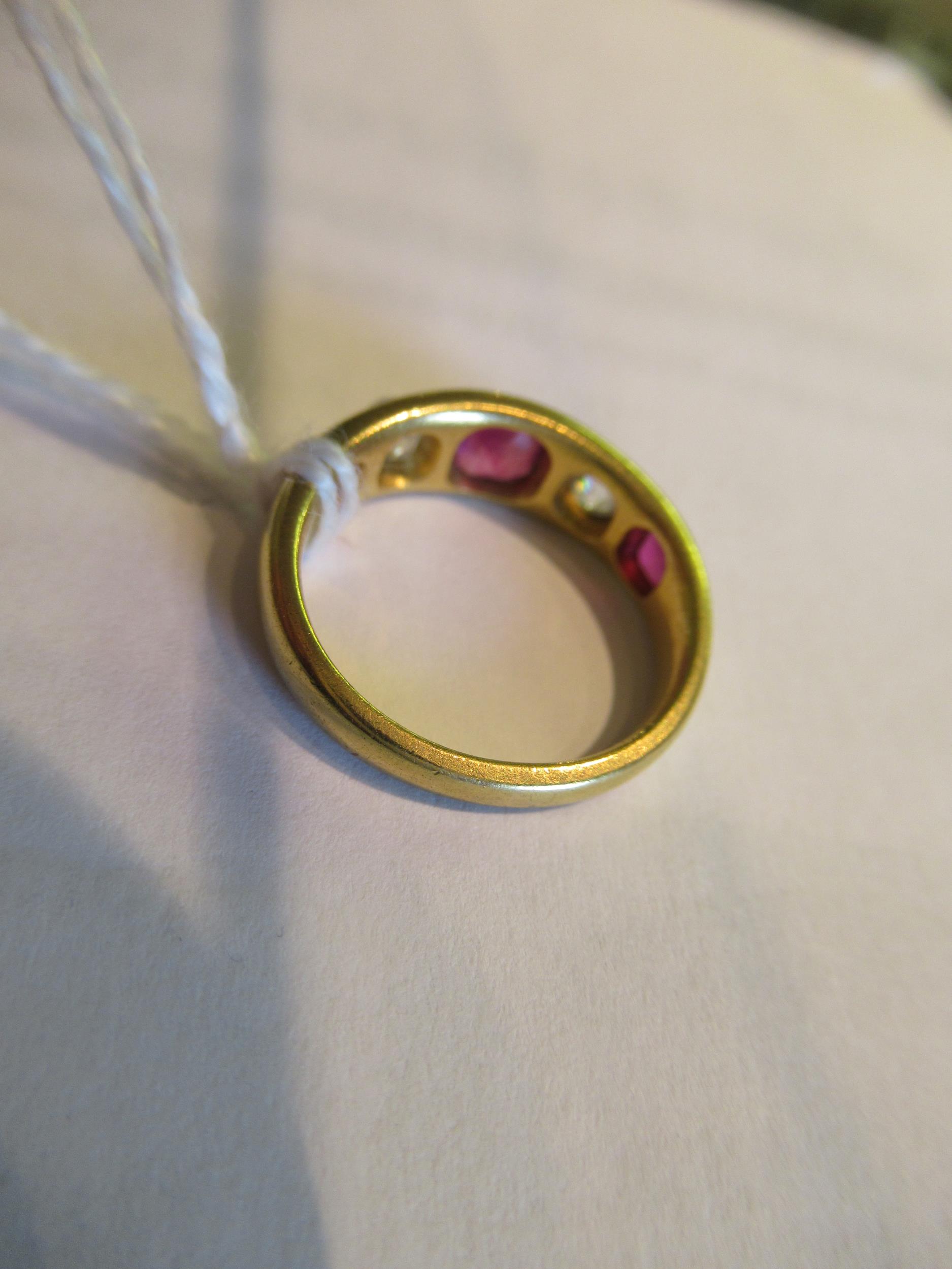 19th Century gold five stone ruby and diamond set gypsy ring, 6g, size 'K.5' Only marked JL. Some - Image 5 of 5