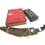 Mid 20th Century kukri in wooden leather covered scabbard (at fault), porcupine quill box, Army