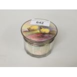 Glass and silver mounted powder jar, the cover inset with a Royal Worcester plaque, painted with