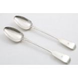 A PAIR OF VICTORIAN FIDDLE PATTERN BASTING OR SERVING SPOONS initialled "W", by W.R. Sobey, Exeter