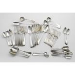 ANTIQUE OLD ENGLISH PATTERN FLATWARE:- Nine various George III table spoons, initialled, a matched