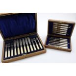 A GEORGE V CASED SET OF SIX PAIRS OF MOTHER-OF-PEARL HANDLED FRUIT KNIVES & FORKS by R.W.