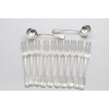 A SET OF TEN GEORGE III FIDDLE PATTERN TABLE FORKS and a pair of sauce ladles, all crested and