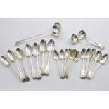 A MIXED LOT:- A George III Old English pattern soup ladle, initialled, a set of six Victorian