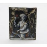 A LIMOGES ENAMEL PLAQUE of a young falconer holding the bird in his right hand, the bottom panel