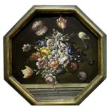 MANNER OF MARGHERITA CAFFI (Fl.1662-1700) FLOWERS IN A VASE UPON A LEDGE Oil on canvas, octagonal 64