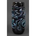 LARGE MDINA GLASS VASE - MICHAEL HARRIS, 1969 an unusual cylindrical purple glass vase, with applied