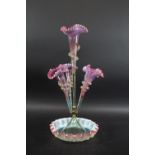 VICTORIAN GLASS EPERGNE a large cranberry and opaline glass epergne, with a central trumpet and four