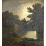 GEORGE ARNALD, ARA (1763-1841) MOONLIT LAKE SCENE WITH FISHERMEN, EEL TRAPS IN THE FOREGROUND Oil on