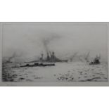 WILLIAM LIONEL WYLLIE, RA (1851-1931) HMS HOOD AND A SUBMARINE Etching, signed in pencil 12 x 22.