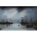 ADOLPHUS KNELL (Fl.1860-1890) A QUIET HARBOUR BY MOONLIGHT Signed, oil on an unusual dished