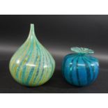 MDINA GLASS VASE - 1977 with a shallow circular neck and globular body, with a turquoise and