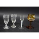 18THC AIR TWIST WINE GLASS with an ogree shaped plain bowl, with a central cable and pair of