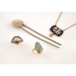 A PEARL SET HAT PIN together with a pearl and turquoise enamel marquise-shaped ring, set in gold,