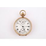 A 9CT GOLD OPEN FACED POCKET WATCH the white enamel dial with Roman numerals and two subsidiary
