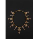 A 19TH CENTURY MOSAIC AND GOLD NECKLACE the woven gold rope pattern necklace suspending alternate