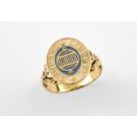 A GOLD AND ENAMEL 'SUBLIME SOCIETY OF BEEF STEAKS' RING with blue and white enamel decoration