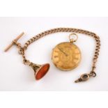 AN 18CT GOLD OPEN FACED POCKET WATCH the gold coloured dial with foliate decoration and Roman