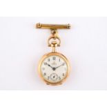 AN 18CT GOLD FOB WATCH BY OMEGA the signed white enamel dial with Roman numerals and subsidiary