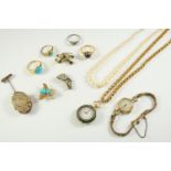 A QUANTITY OF JEWELLERY including a turquoise and gold insect brooch, a Victorian pearl set hand and