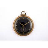 A 9CT GOLD OPEN FACED POCKET WATCH BY CYMA the signed black dial with Arabic numerals and subsidiary