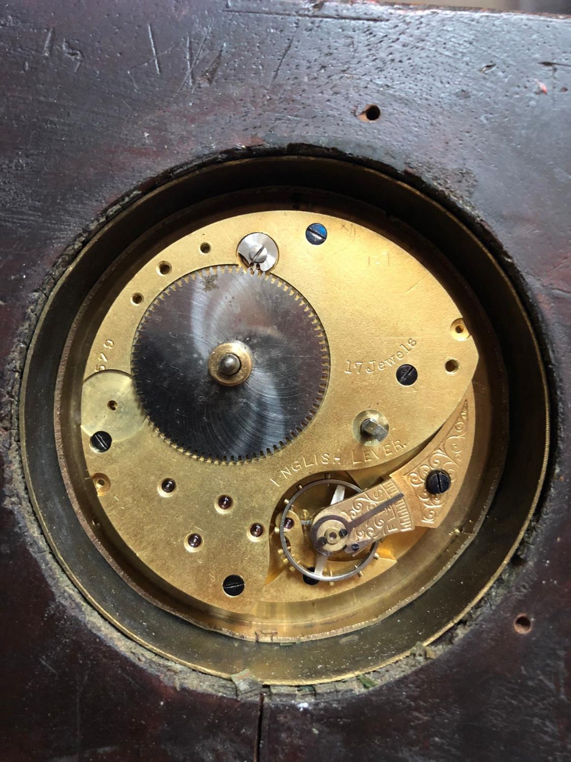A 19TH CENTURY MAHOGANY TIMEPIECE, the 2 3/4" enamelled dial set into a square case with brass - Image 2 of 2
