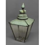 A VICTORIAN PATINATED COPPER STREET LANTERN, of tapering square section form, height 83cm