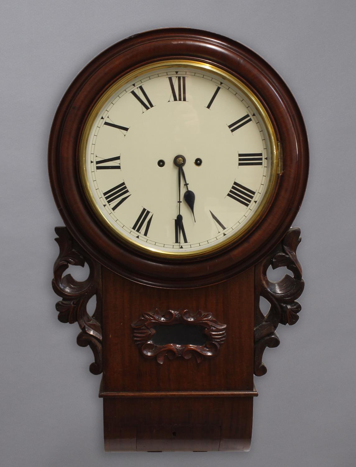 A 19TH CENTURY MAHOGANY WALL CLOCK, the 12" dial on a brass eight day twin fusee movement striking