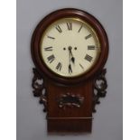 A 19TH CENTURY MAHOGANY WALL CLOCK, the 12" dial on a brass eight day twin fusee movement striking