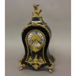 A FRENCH BOULLE WORK MANTEL CLOCK, 19th century, the 5" brass dial with enamelled numerals on a