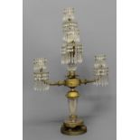 A MID 19TH CENTURY CUT GLASS AND GILT FIVE BRANCH CANDELABRA, the central column with a cut glass