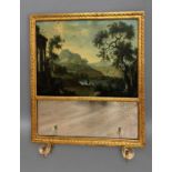 A LATE 18TH CENTURY GILT FRAMED TRUMEAU MIRROR, the top section with an oil on canvas scene